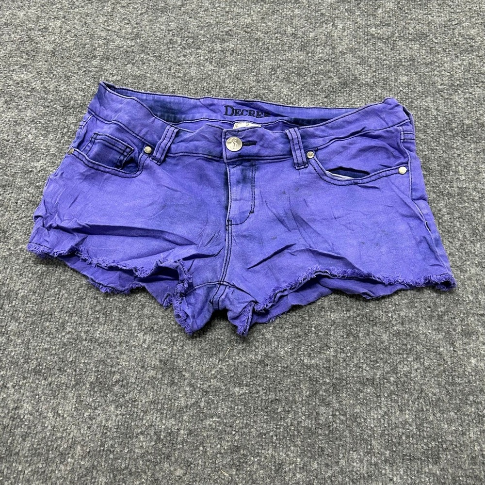 Decree Shorts Womens Size 9 Purple Denim Raw Hem Low Rise Mini Festival Stained